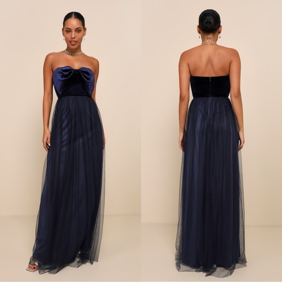 NWOT‎ Lulus Perfectly Dramatic Navy Velvet Tulle Strapless Bow Maxi Dress - Picture 1 of 8